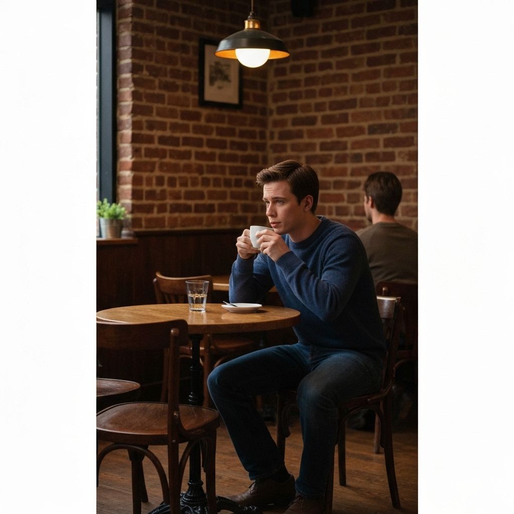 Same actor in cafe scene - demonstrating character consistency